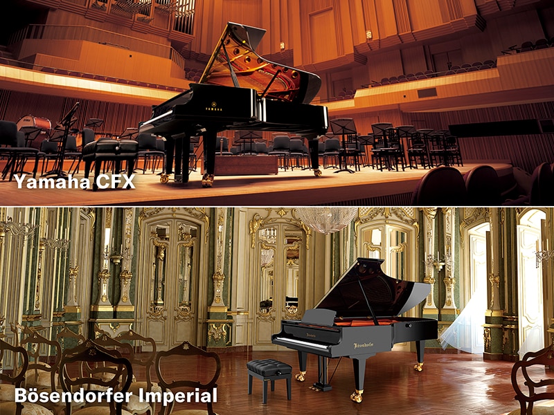 A photo of Yamaha’s CFX concert grand piano and the Bösendorfer imperial