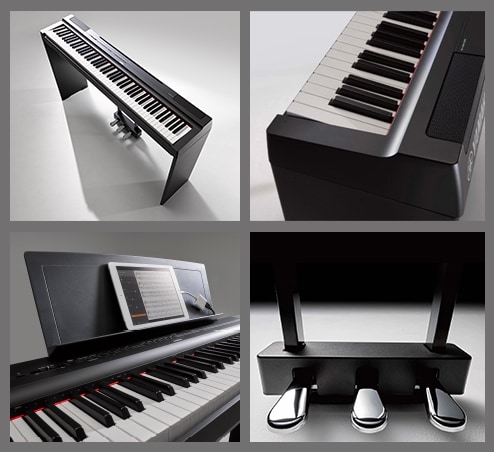 A collage of photos, including an overhead view of the P-125a in combination with the optional stand and pedal unit, a closeup of the P-125a from diagonally overhead, a photo of the P-125a keyboard and music stand, and a photo of the optional metal three-pedal pedal unit