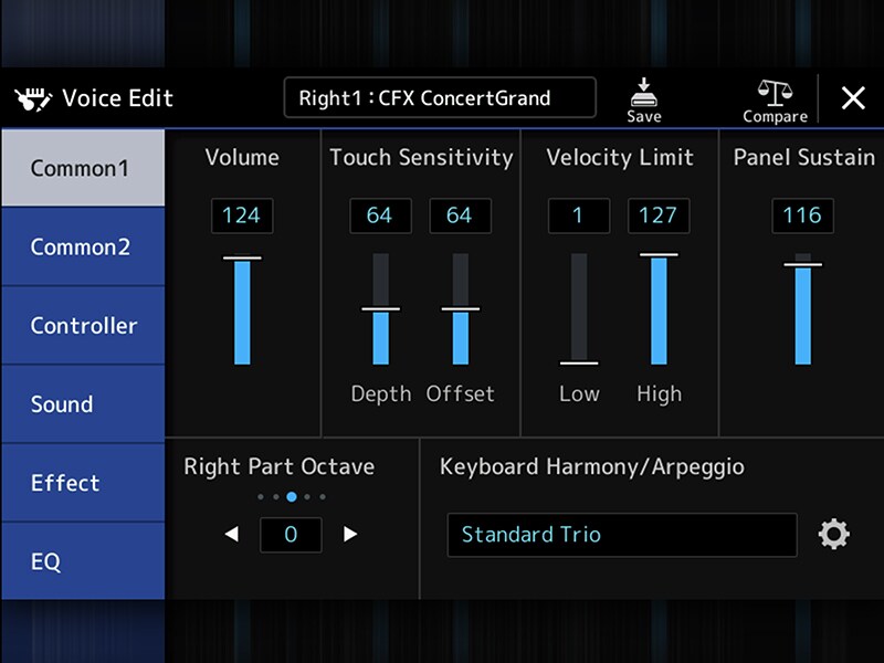 Écran Voice Edit du clavier arrangeur Yamaha PSR-SX920/720+