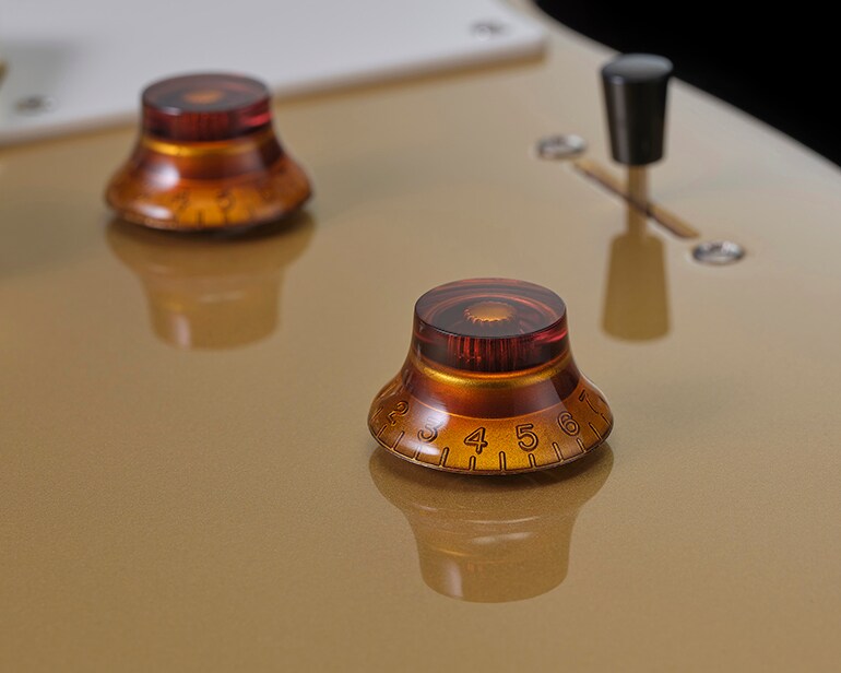 Gros plan sur Master Volume (Volume pricipal), Master tone (Sonorité principale) et le commutateur à levier à 3 positions