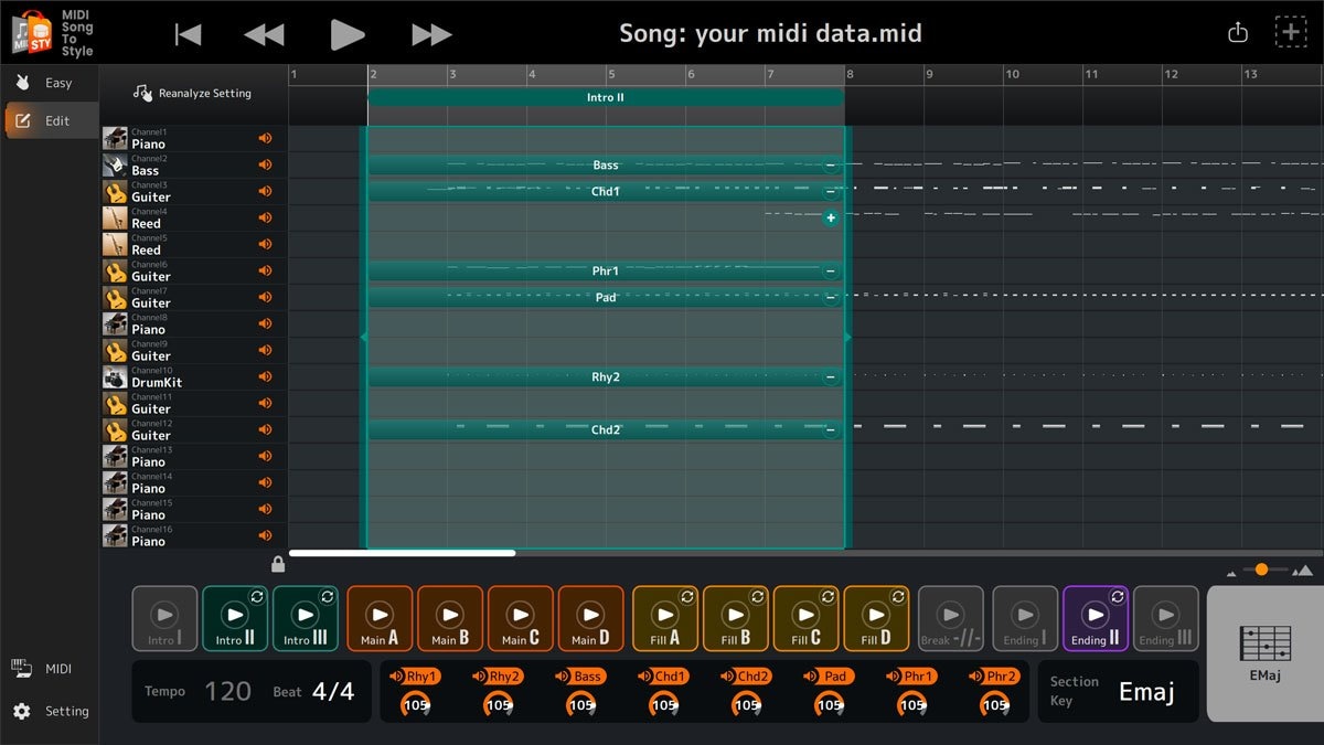 Edit mode of MIDI Song to Style: Screen image of selecting a range of Intro 2