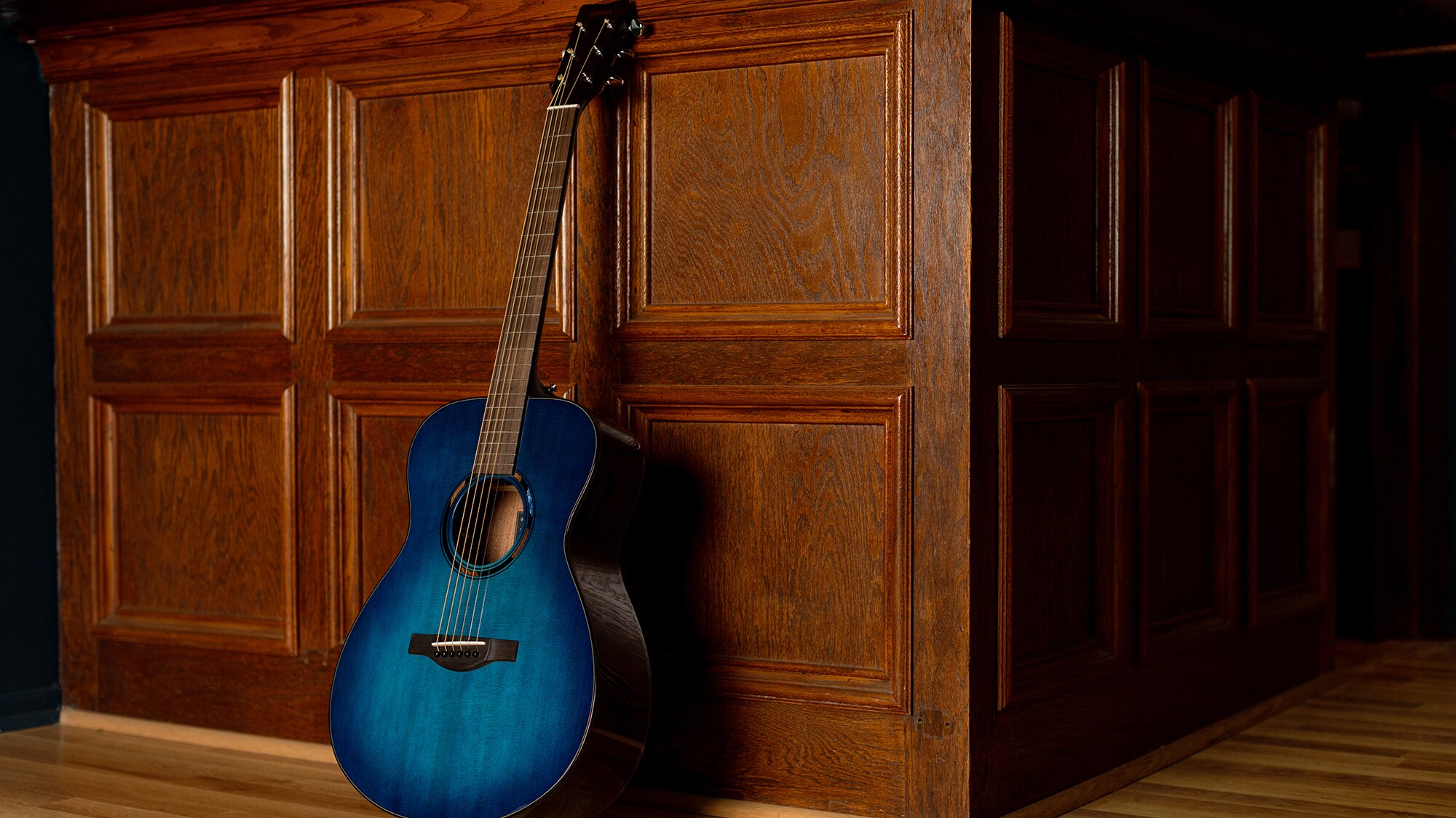 Une guitare acoustique TAS1 E posée verticalement contre un mur marron à l'intérieur