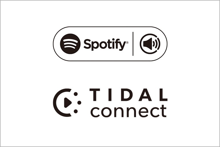 Icônes de compatibilité indiquant la prise en charge de Spotify Connect et de TIDAL Connect