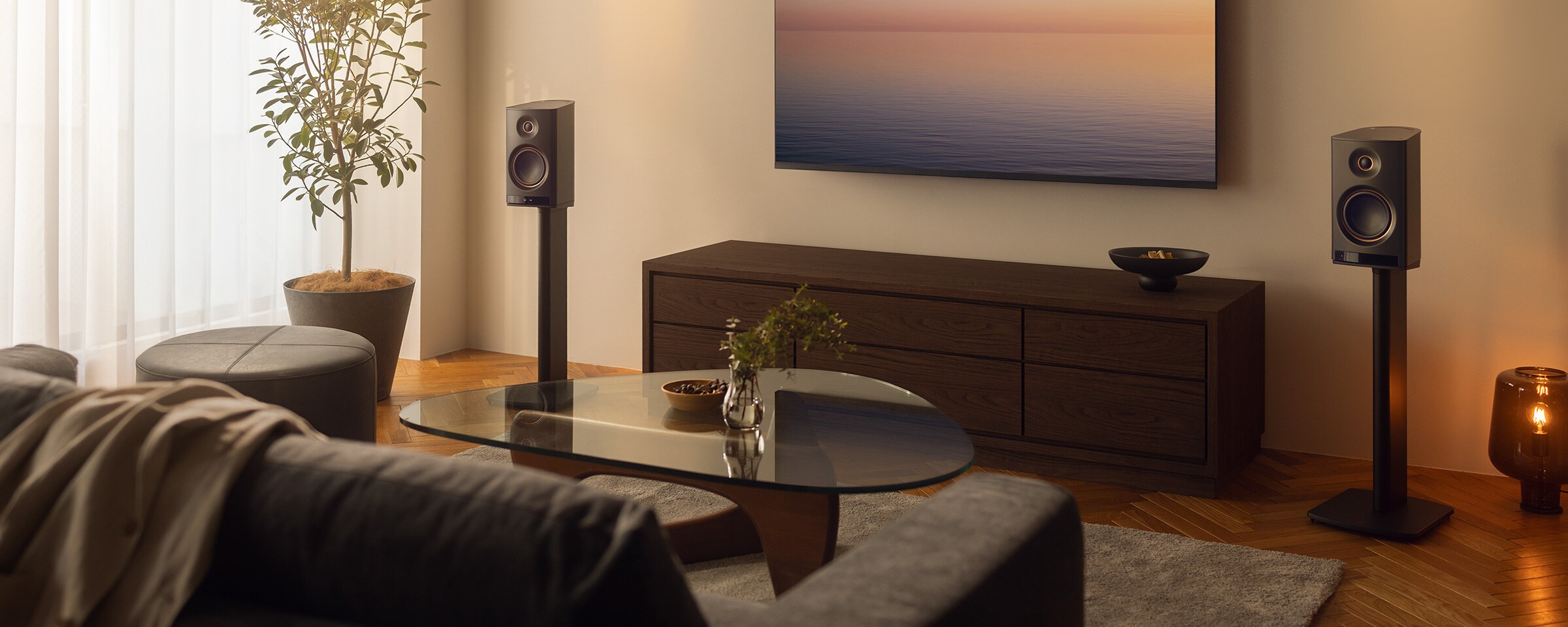 Enceinte Hi‑Fi sans fil NX‑70A installée à côté d'un téléviseur dans un salon moderne