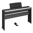 Diagonal side view of the P-223B (black model) in combination with the optional stand and metal sustain pedal
