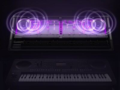 Vue en transparence d'une enceinte illustrant les vibrations et la puissance de la sortie sonore.