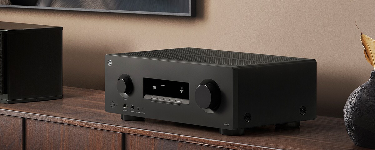 Le RX300A posé sur une étagère marron.