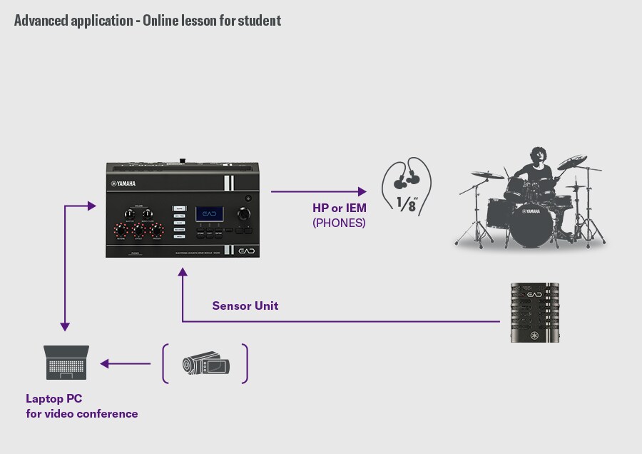 Schéma montrant l'EAD20 connecté à un ordinateur ou un appareil mobile pour des cours de batterie en ligne.