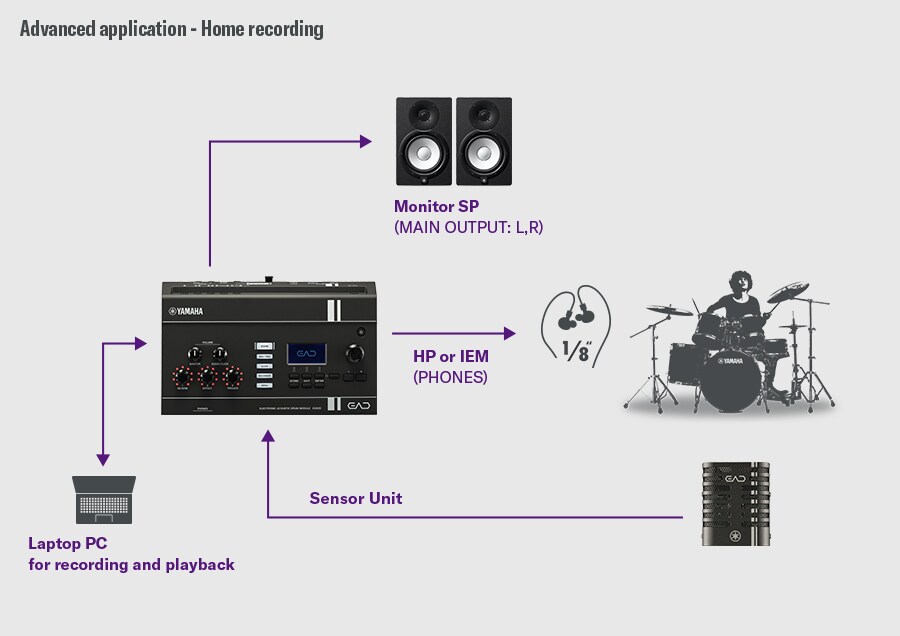 Schéma montrant l'EAD20 connecté à un système d'enregistrement basé sur un DAW pour la production en home studio.
