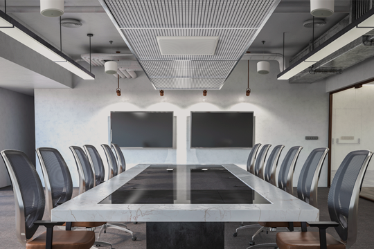 Meeting room with VXC2P pendant speakers installed from the ceiling