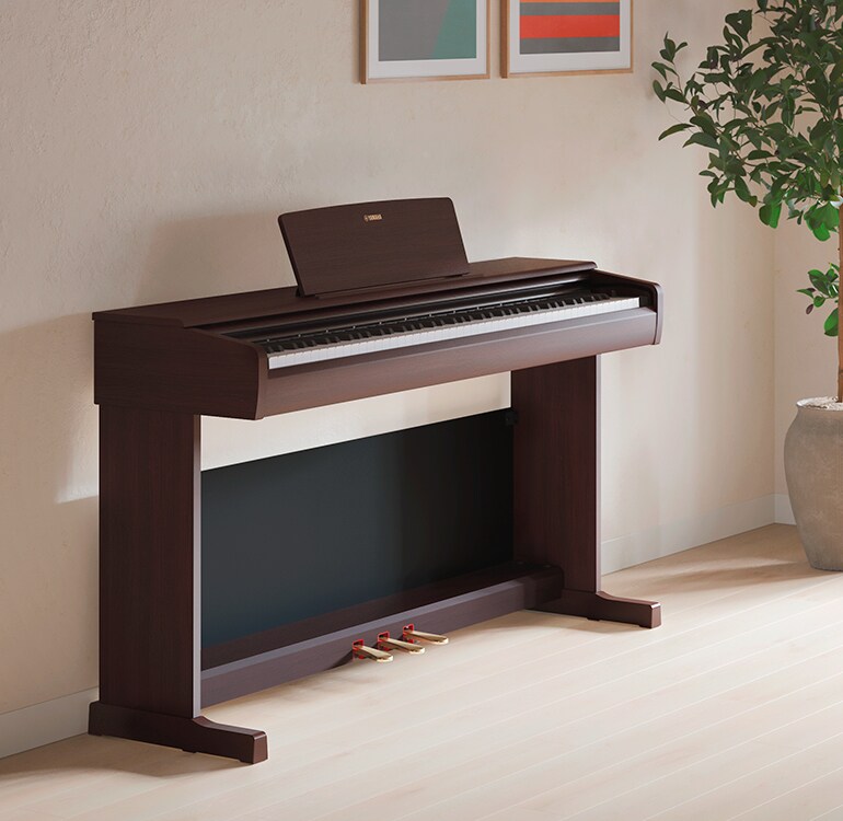 Un salon accueillant un piano ARIUS avec des plantes d'intérieur et un canapé, s'intégrant harmonieusement à la décoration