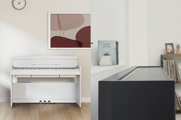 Un piano ARIUS s'intégrant à la décoration d'un salon, et un piano ARIUS au design plus plat et compact grâce à son couvercle fermé