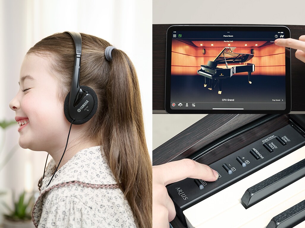 S'exercer sur le piano numérique avec un casque, consulter l'écran de l'application Smart Pianist et s'enregistrer à l'aide des commandes intégrées de l'instrument.