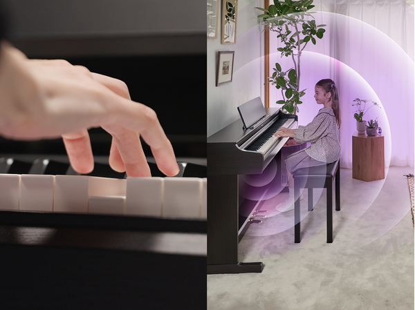 Le toucher expressif du nouveau clavier ARIUS et les ondes sonores se diffusant à partir d'un piano ARIUS dans un salon