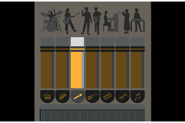 Capture d'écran d'une source audio scindée en différentes parties, telles que guitares, voix, batterie, basse, pianos et instruments à vent.