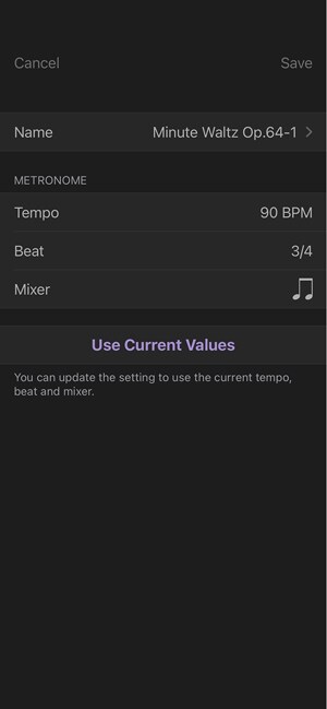 My List screen in the METRONOME app: Allows you to save and edit tempo, time signature, and tone settings